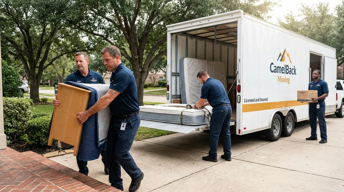 Crew loading residential truck for cross-state move from Norco, CA