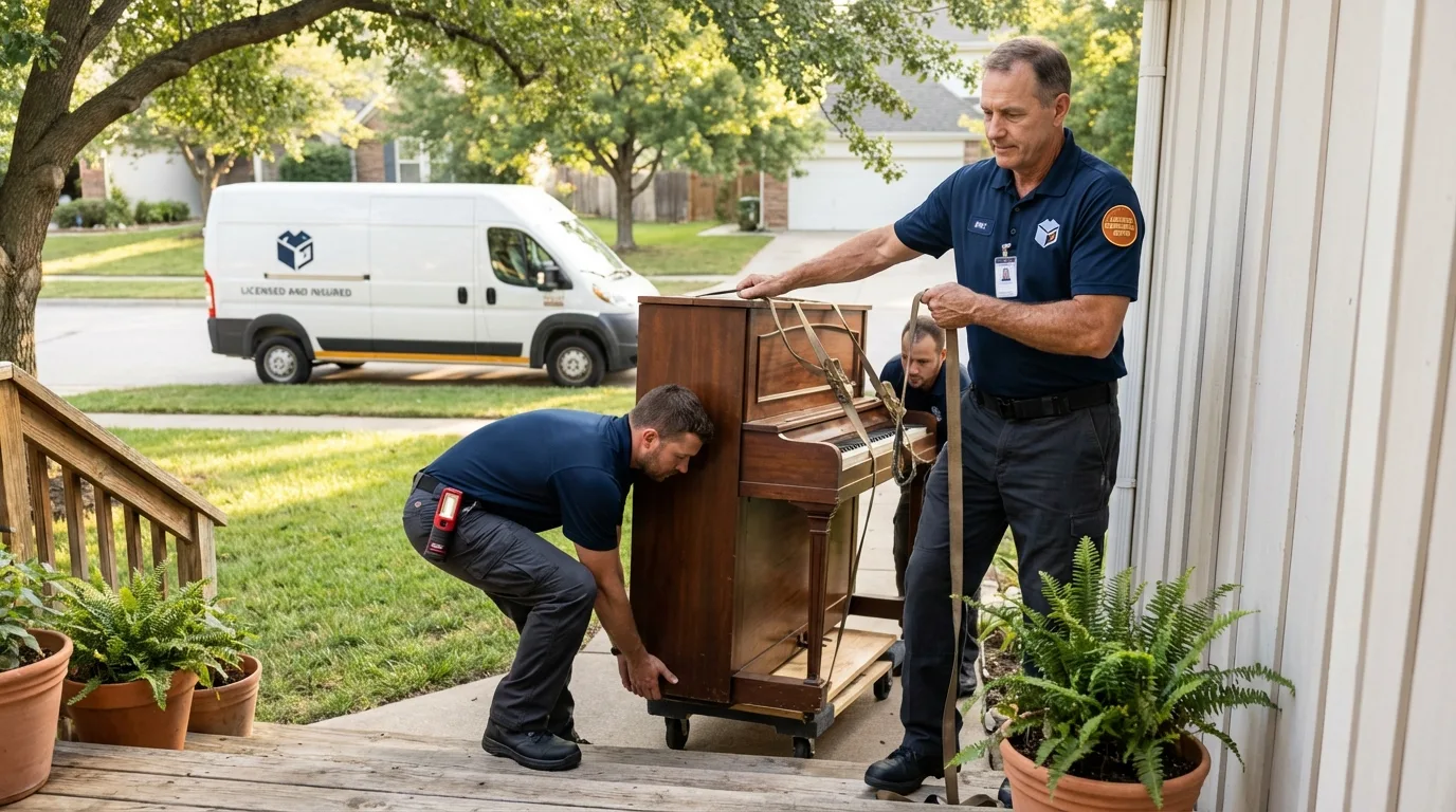 Licensed piano movers securing grand piano in Norco, CA