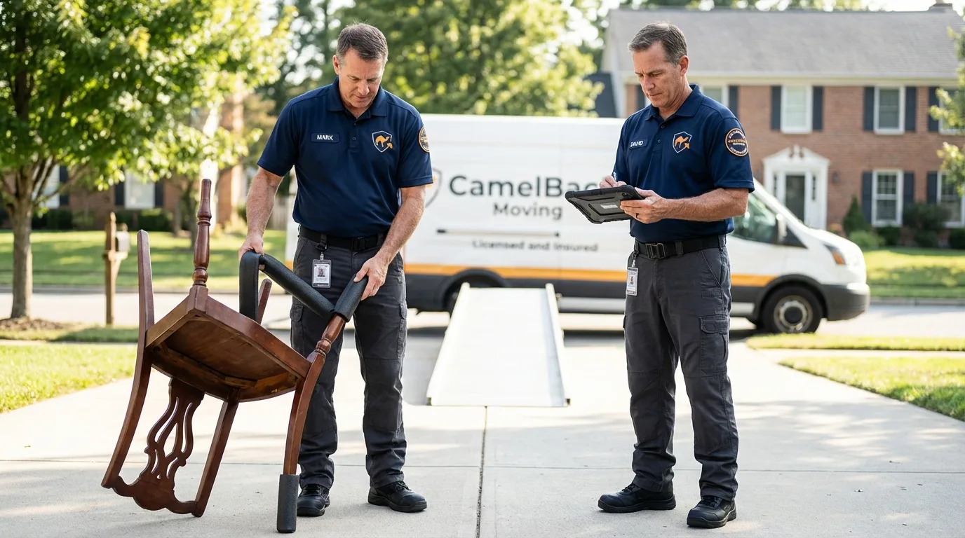 Movers inspecting furniture for damage prevention before loading in Norco, CA